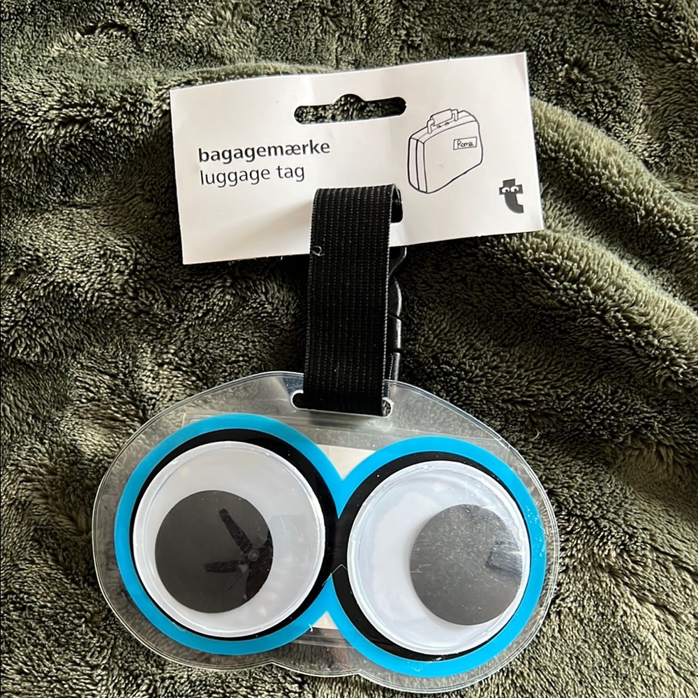 Blue and Black Luggage Tag with Googly Eyes
